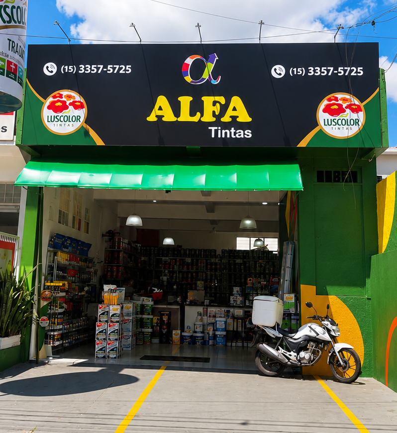 Projeto de fachada Alfa Tintas realizado pela Lumitex
